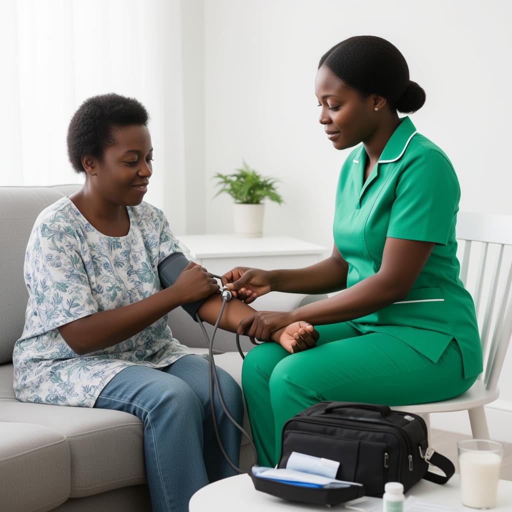 Ohana Care nurse checking a patient's blood pressure at home